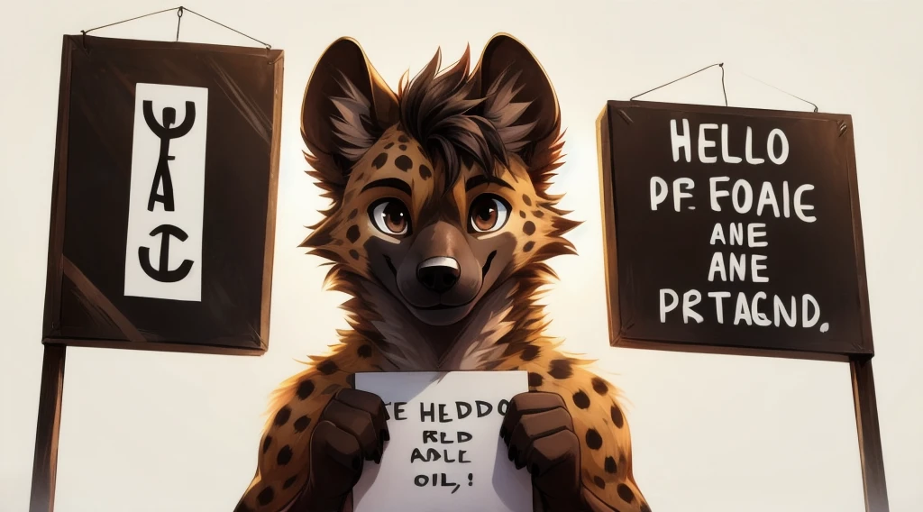 masterpiece,hyena,male,,solitary,best quality,Exquisite eyes,Brown eyes,paw,hair,White background,Cartoon Style,白色的hair,Facing the camera,Smile,Holding the sign with both hands,It says on the sign &References;Hello&References;,permanent