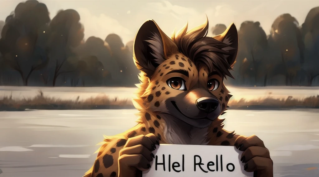 masterpiece,hyena,male,,solitary,best quality,Exquisite eyes,Brown eyes,paw,hair,White background,Cartoon Style,白色的hair,Facing the camera,Smile,Holding the sign with both hands,It says on the sign &References;Hello&References;,permanent