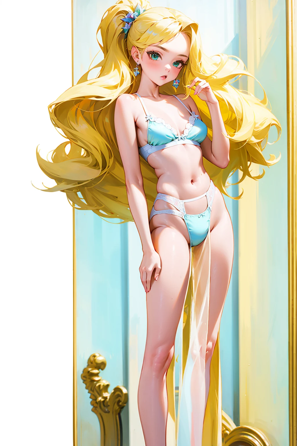 ((better quality)), ((masterpiece)), (detailled), 1girl, caucasic beauty, Blonde, very large hair, pasionate, transparent lingerie, emerald green luxury mini small brazilian bikini and thongs, full length portrait, , breaxury bra