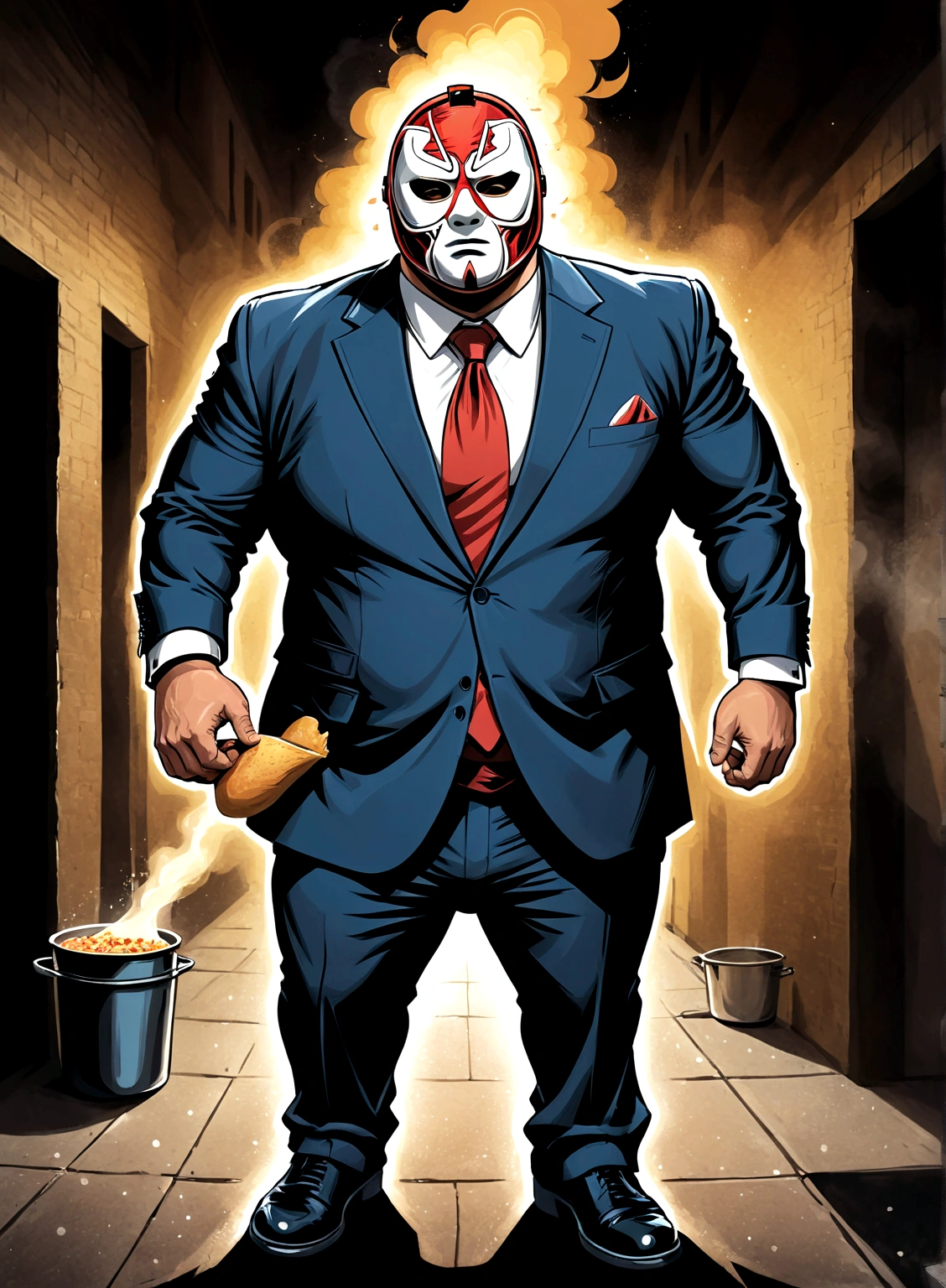 Minimalistic caricature comic artwork of a large man in a business suit, wearing a wrestling mask, cooking in a dark alley, looking back at the camera, crosshatching, 2D, Sharp, Detailed, HD, HDR, High Quality, High Resolution, Masterpiece, single panel
