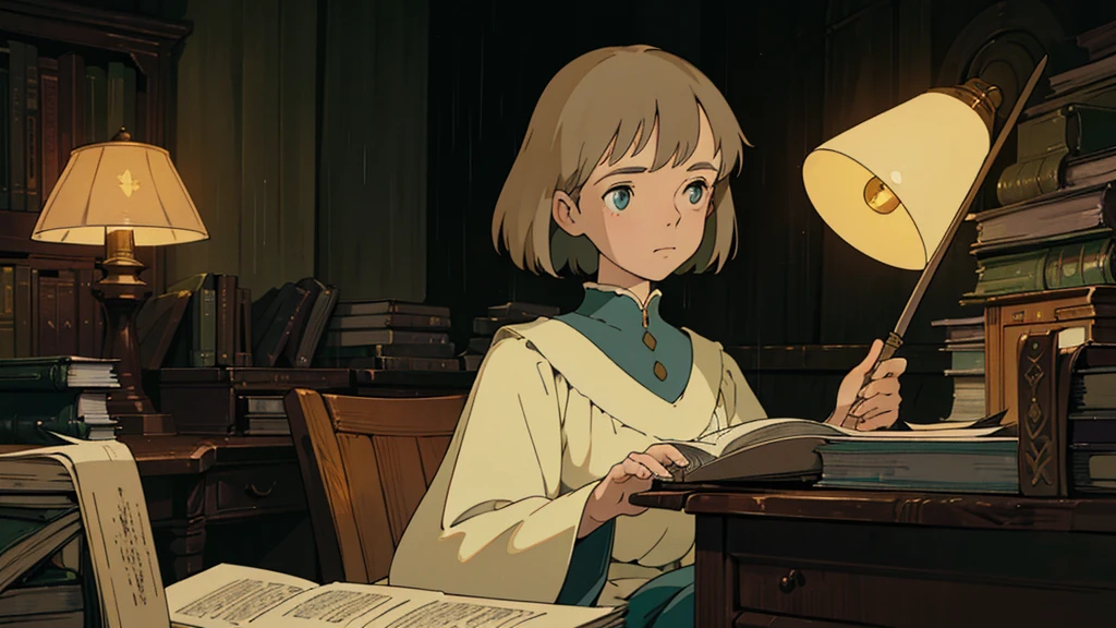 A girl, ensconced in a cozy corner on a rainy evening, sits surrounded by a jumble of books with an intensely profound study attitude. The soft yellow glow of the desk lamp illuminates her thoughtful expression, revealing her deep concentration and composed posture. Her inquisitive eyes dart back and forth between the pages, her nimble fingers turning them with subtle tilt, as she absorbs the old world wisdom contained within. The timeworn margins and sultry aura of the books add to the quiet night ambiance, creating a peaceful and tranquil countenance. This scholarly young woman, clad in plain attire, appears to be a seeker of knowledge and intellect,Guitar,