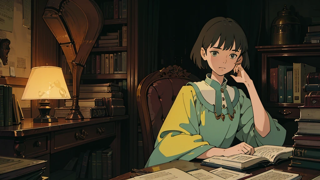 A girl, ensconced in a cozy corner on a rainy evening, sits surrounded by a jumble of books with an intensely profound study attitude. The soft yellow glow of the desk lamp illuminates her thoughtful expression, revealing her deep concentration and composed posture. Her inquisitive eyes dart back and forth between the pages, her nimble fingers turning them with subtle tilt, as she absorbs the old world wisdom contained within. The timeworn margins and sultry aura of the books add to the quiet night ambiance, creating a peaceful and tranquil countenance. This scholarly young woman, clad in plain attire, appears to be a seeker of knowledge and intellect,Guitar,