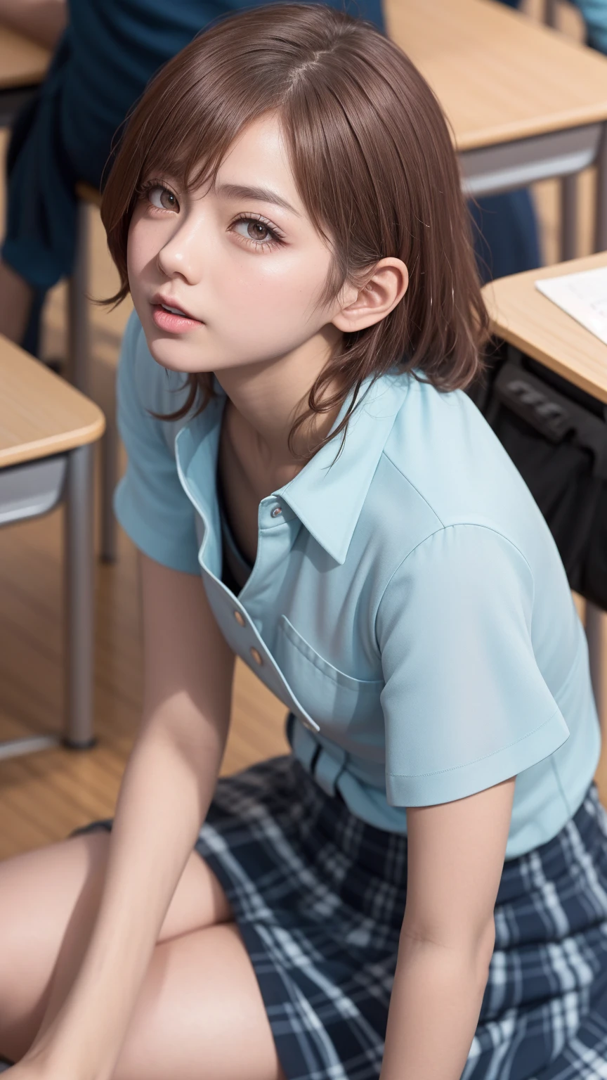 8K quality、High resolution、Beautiful fair skin texture、High resolutionの瞳、Japanese high school girls、Summer uniform、Light blue open-necked blouse、mini skirt、Brown Princess Hair、Realistic Female Genitalia、Small breasts、Sweat accumulates in the chest、classroom、Sit on a chair with your legs apart and leaning forward、Looking up at the photographer