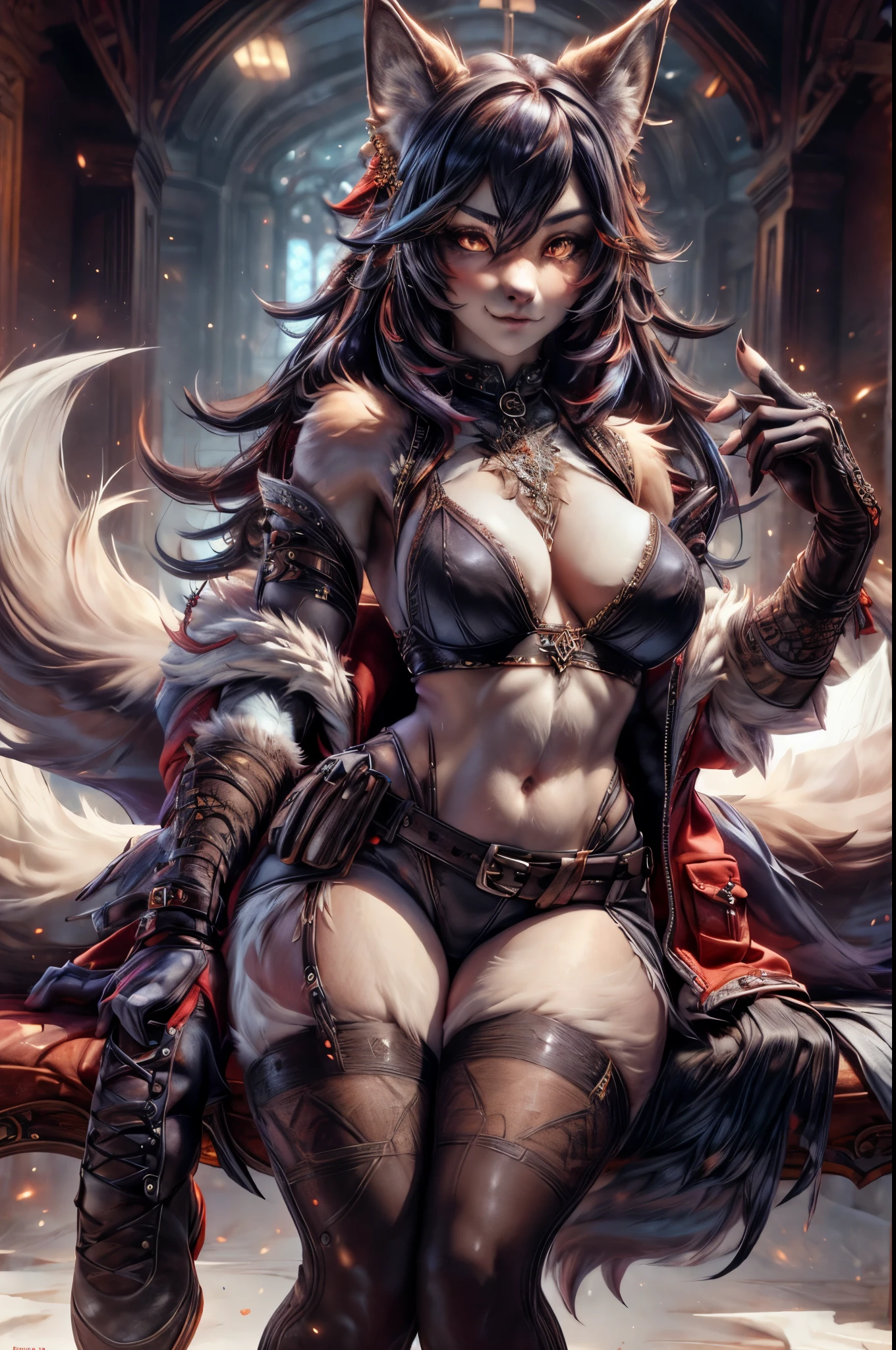 [best quality, shaded, extreme detail, highly detailed, ultra detailed, intricate, realistic, perfect , full view], wolf woman, fluffy fur and hair, colorful fur, fluffy tail, fur glove, fur vest, navel, gothic style, fur tights, fur shoes,