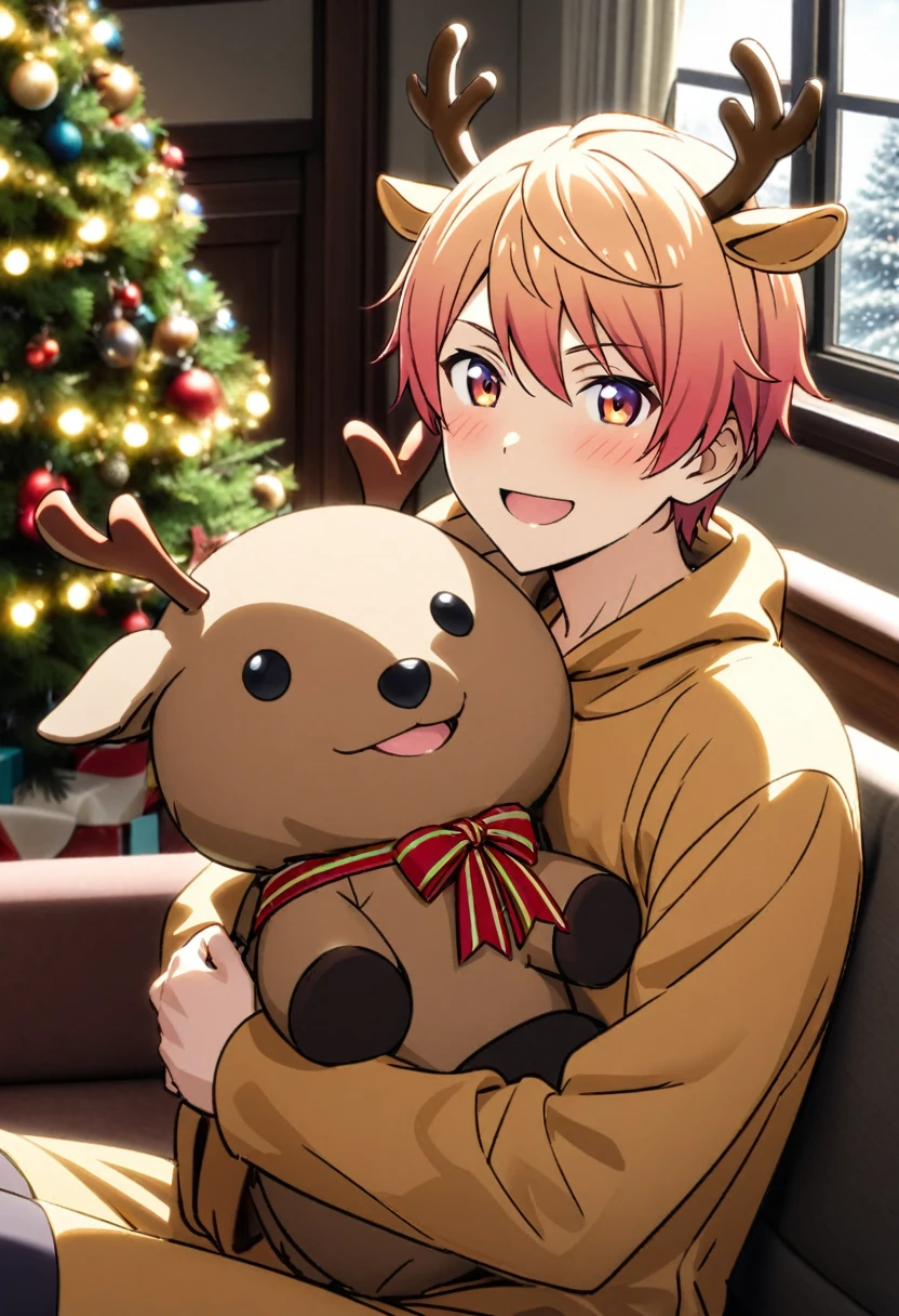 tenma_tsukasa, reindeer costume, smiling, opened mouth, holding a reindeer stuffed toy, slightly blushing, at a living room inside a house, grand paino, couch, christmas tree, christmas decorations, christmas lights, wearing dark colored stockings, daytime, large window, warm sunlight, looking at viewer