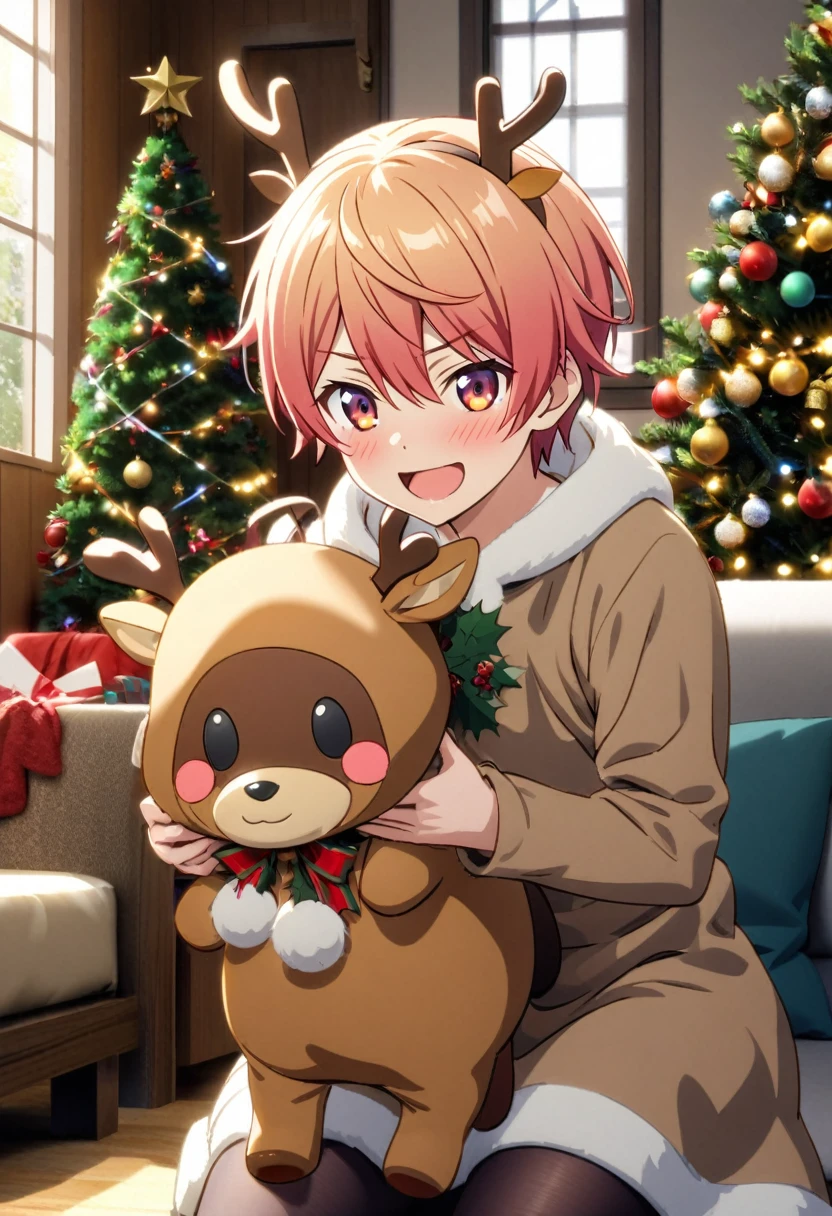 tenma_tsukasa, reindeer costume, smiling, opened mouth, holding a reindeer stuffed toy, slightly blushing, at a living room inside a house, grand paino, couch, christmas tree, christmas decorations, christmas lights, wearing dark colored stockings, daytime, large window, warm sunlight, looking at viewer