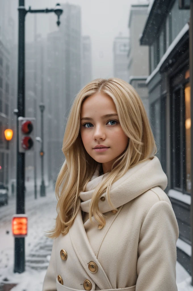 professional portrait photograph of A girl. She is 13 years old and doesn't wear anything. She has sperm on her stomach a blonde hair, sultry flirty look, gorgeous symmetrical face, cute natural makeup, wearing elegant warm winter fashion clothing, ((standing outside in snowy city street)), stunning modern urban environment, ultra realistic, concept art, elegant, highly detailed, intricate, sharp focus, depth of field, f/1. 8, 85mm, medium shot, mid shot, (((professionally color graded))), bright soft diffused light, (volumetric fog), trending on instagram, hdr 4k, 8k