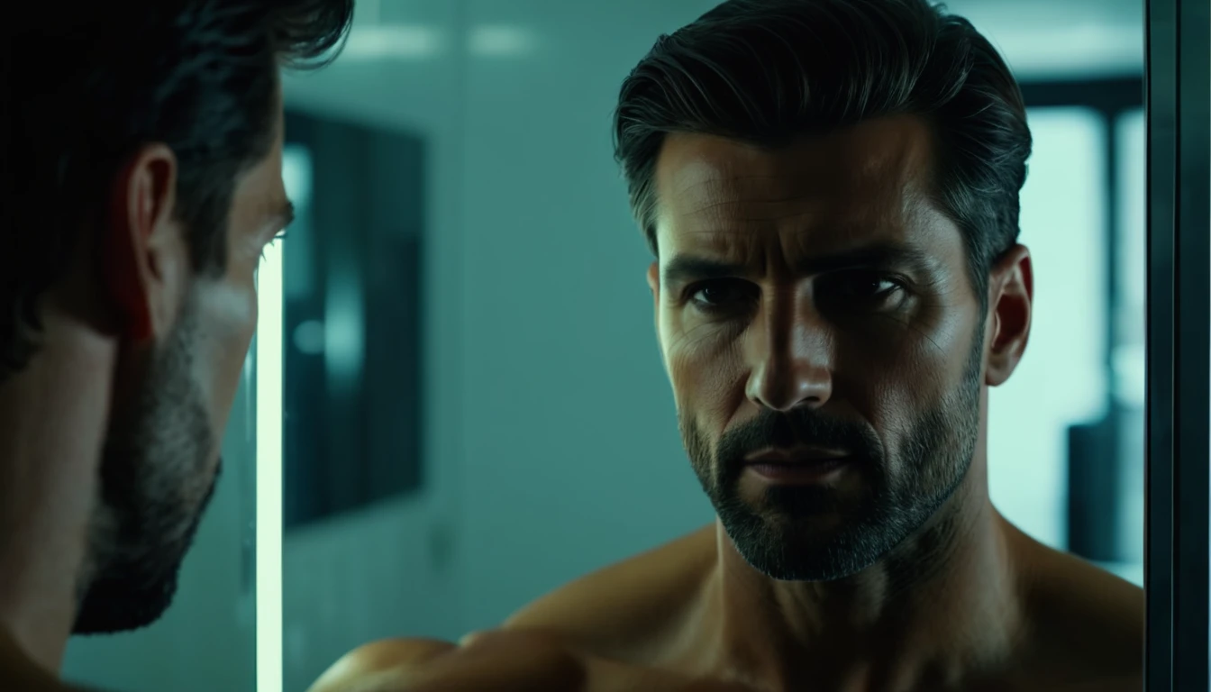 I want you to make a super realistic 4k man, looking into the mirror with the mirror reflection centered and the man on the left side.