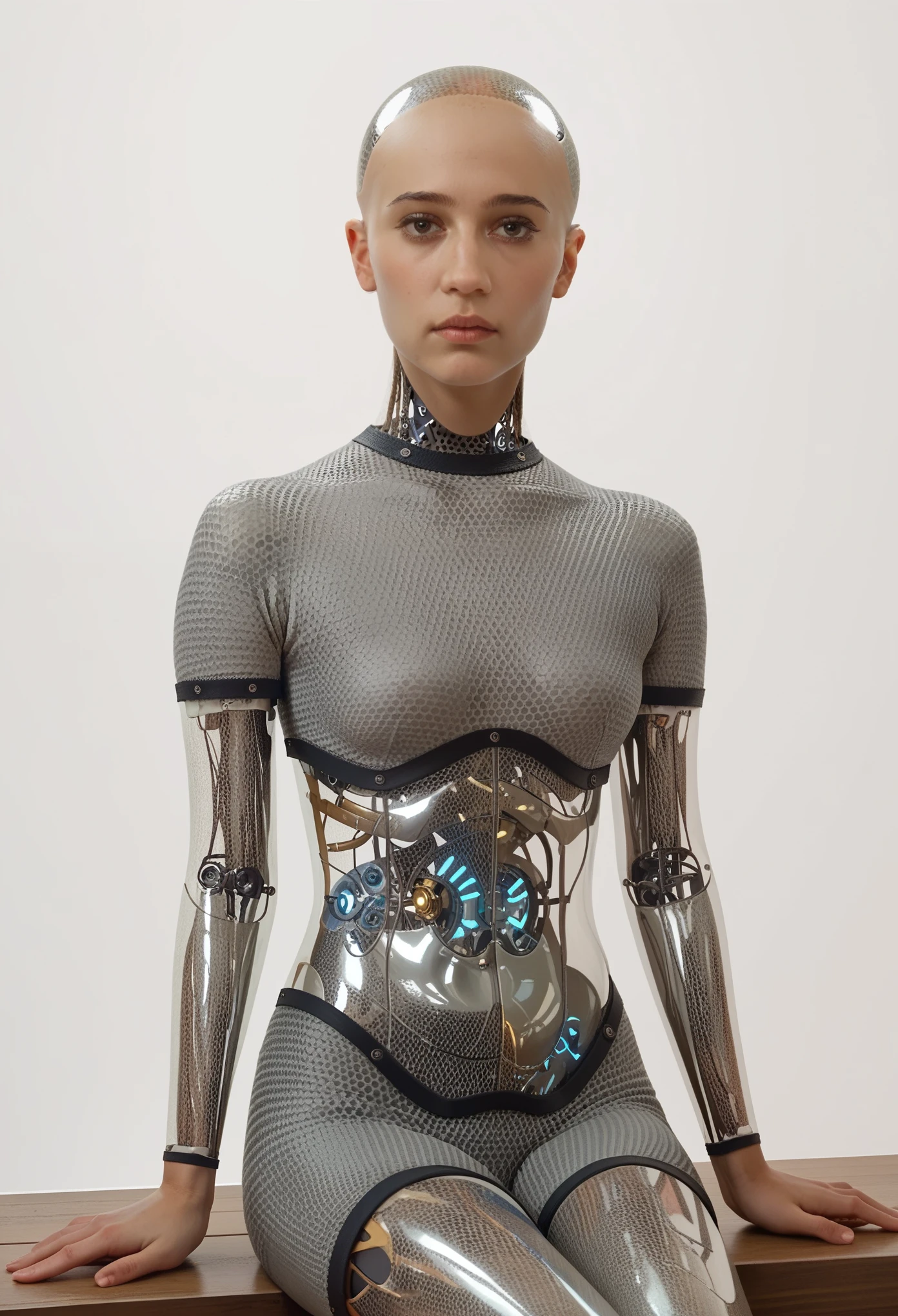 ava, portrait, android, transparent skin parts, looking at the viewer, waist, gray bodysuit, bald, perfect skin, smooth skin, round face, sitting, cowboy shot, score_9, score_8_up, score_7_up, score_6_up, score_5_up, score_4_up