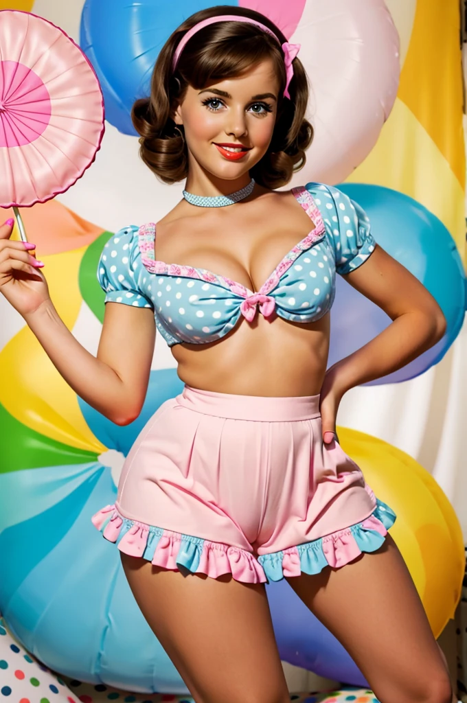 photo brunette pinup holding big lollipop etro bright light colors pastel mini skirt with polka dots posing in pinup style sexy