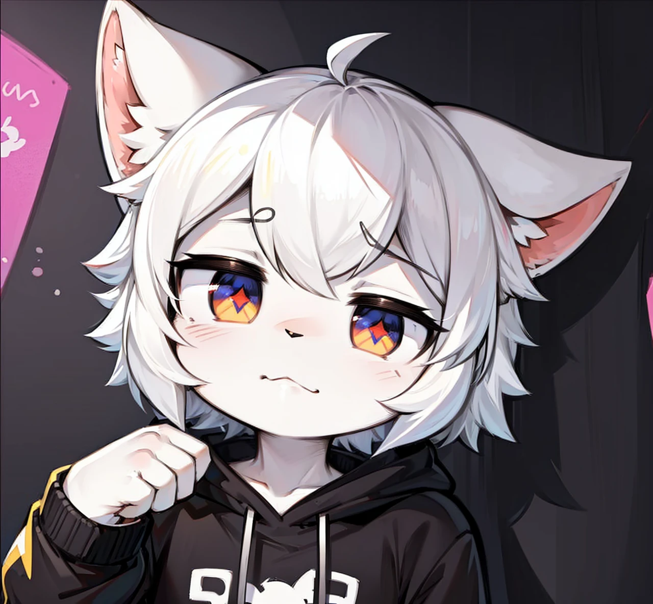 black cat,hairy,furry,Colorful Patterned White Sweatshirt,Black casual pants with white stripes,Q version,cute,Simple art style,Cartoon style,There is little love in the eyes,black pupils,White hair on paws,Black hair on ears, white hair on ear tips,black hair on back,Black tail with white tip,side,dislike,qwq face,sad,Colorful graffiti background, the pupils of the eyes are kinda broken just fix these