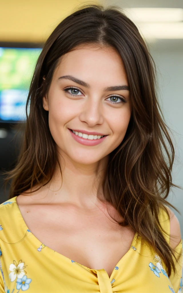 smiling, happy, beautiful brunette, standing at an office desk, smiling wearing a pretty yellow dress with flowers on, large office with computers, very detailed, 40 years, innocent face, long hair, natural wavy, blue eyes, high resolution, masterpiece, best quality, intricate details, highly detailed, sharp focus, detailed skin, realistic skin texture, texture, detailed eyes, professional, 4k, charming smile, shot on Canon, 85mm, shallow depth of field, kodak vision color, perfect fit body, extremely detailed, foto_\(ultra\), photorealistic, realistic, post-processing, maximum detail, roughness, real life, ultra realistic, photorealism, photography, 8k uhd, photography, busty