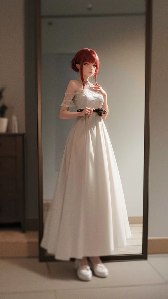 Female character standing in front of a mirror The reflection in the mirror showed a young woman with an unusual and frightening looking face. It had bright red eyes and a sharp-looking mouth. He was wearing a long white dress that looked old and had blood stains on it in some places. Ambient atmosphere in a dark room There was a faint glow from the candles on the wall. On the other side of the image is a male character with his back to the viewer looking at the reflection with a shocked expression. This image gives a haunting and frightening feeling. Create an atmosphere full of mystery and terror.
