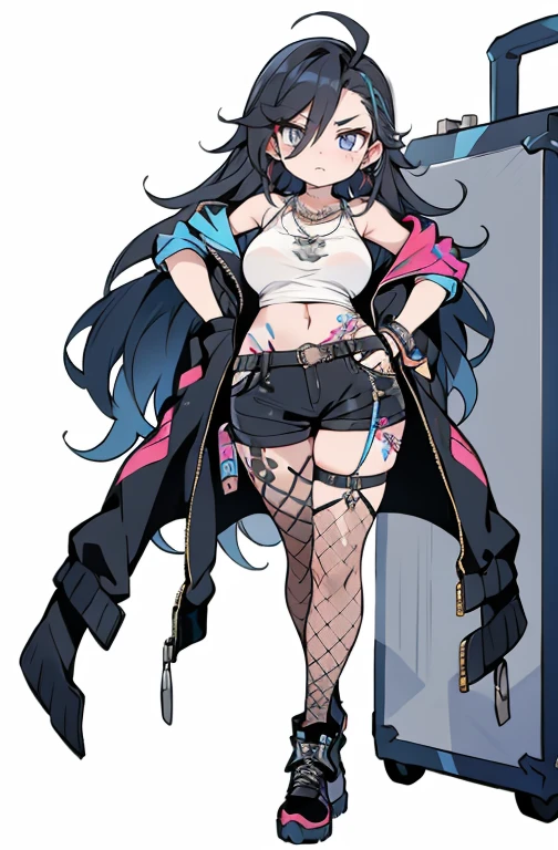 (work of art:1.2, best qualityer), (1 lady, standing alone, trunk:1.2), body hair: shaved on one side, a long time on the other side, dyed bright blue, make up: audacious, graphic eyeliner with rhinestones on the outer corners of the eyes, badass clothing: one made by hand, one of a kind, patchwork jacket with fringe, paired with black leather shorts and fishnet stockings, Accessories: a silver nose ring and multiple ear piercings with unique jewelry, Attend a music festival or alternative fashion event