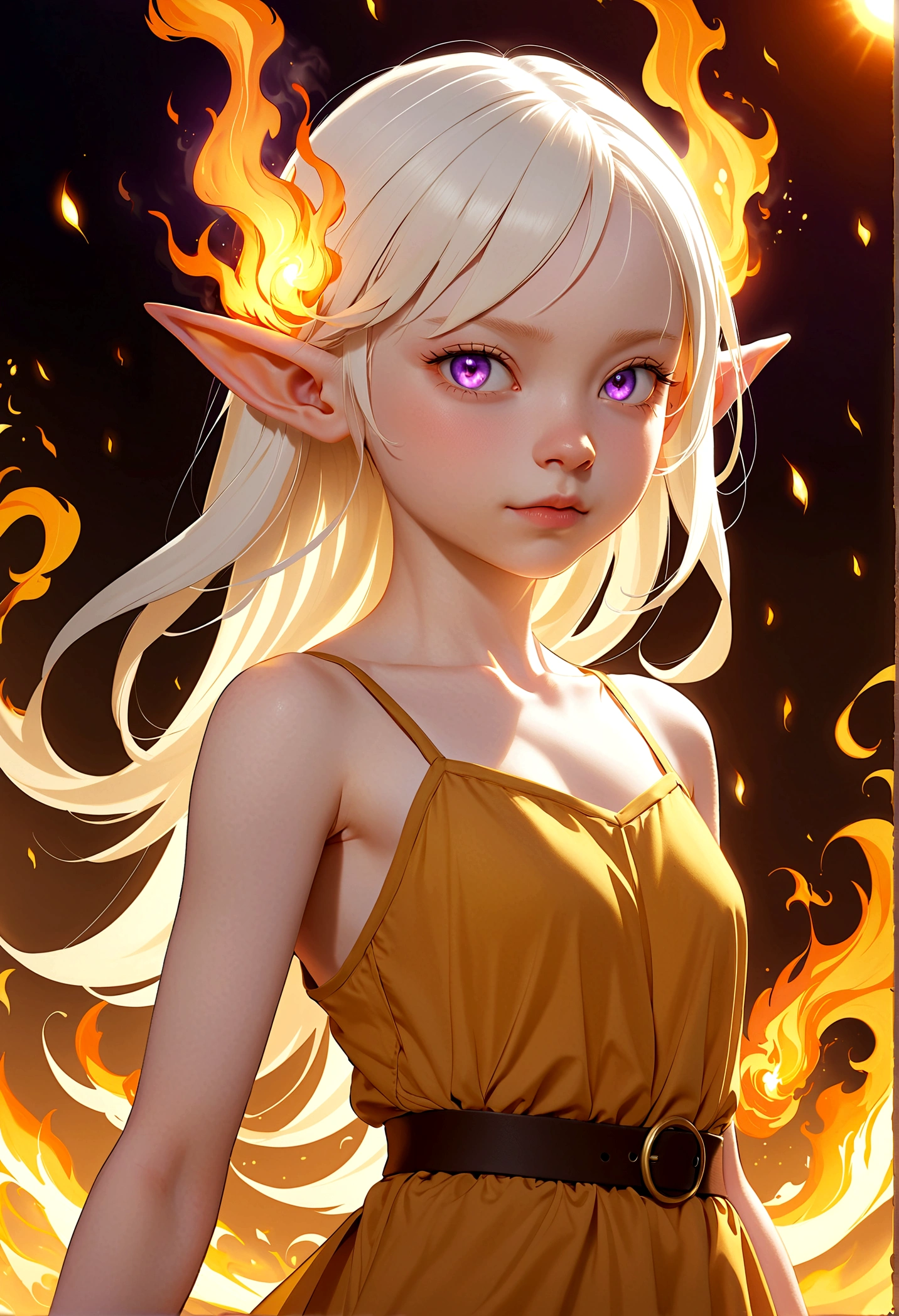 A -yeld gi Good Guy, Albinism Patient, Short white hair, White hair covers the ears, Giant Elf Ears, Pointy、Furry ears, Purple Eyes, Light and Fire Power, Solar, Fire Movement, Matter Manipulation, No anger, Golden clothes, Dress neatly, Put on a shirt, No muscles