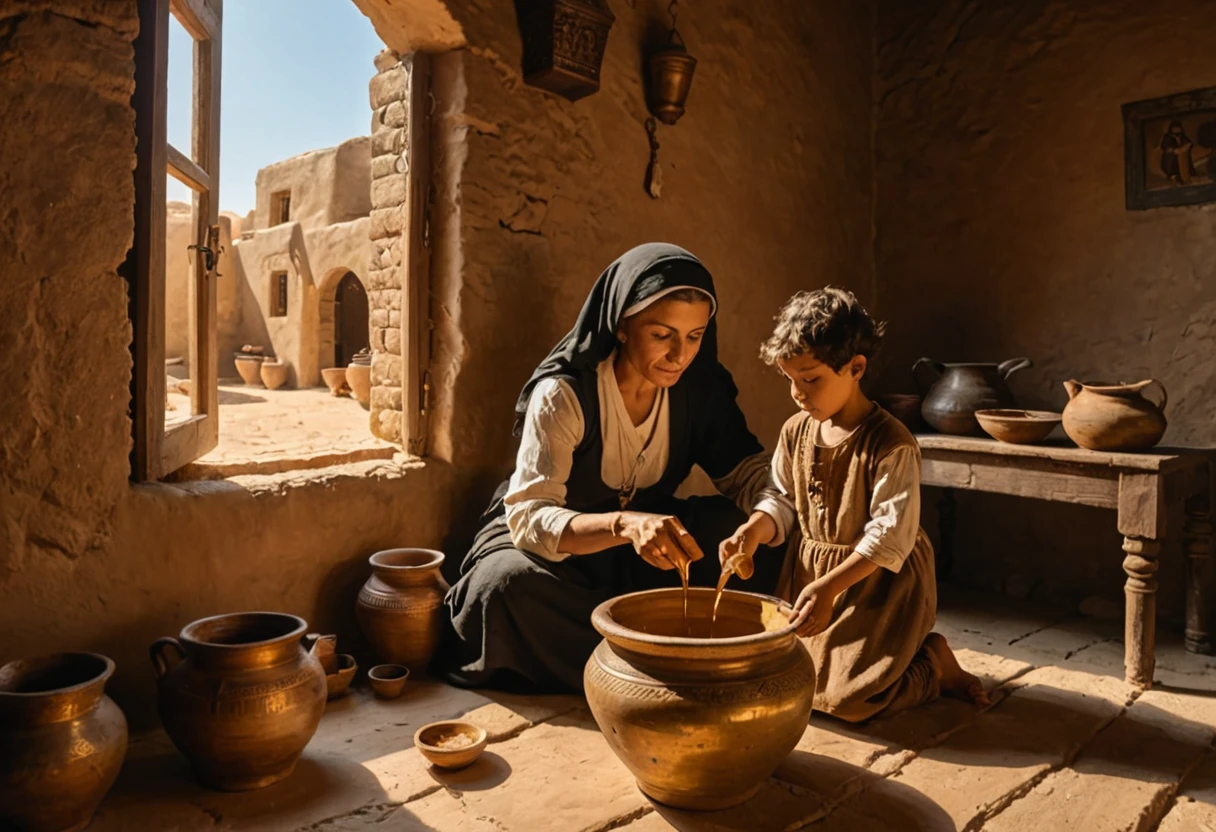 ((widow pouring oil into a vessel beside)), (small kid boy by your side watching), (ancient Middle Eastern village), (widow pouring oil from a jar while Elisha looks on), (biblical narrative moment), (modest home with clay walls and simple furnishings), (soft, natural light filtering through a window), (inspired by Rembrandt), (realistic), (digital painting), (historical scene), (earthy tones with highlights of gold and brown), (high resolution, ultra-detailed), (masterpiece quality),