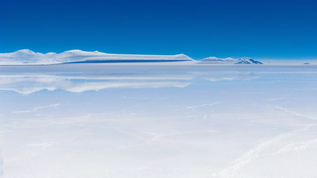 arafly view of a vast salt plain with a blue sky, constructed upon salar de uyuni, at the salar de uyuni, at salar de uyuni, most perfect desert on the world, white desert background, extremely beautiful and ethereal, exotic endless horizon, incredibly ethereal, mirror like water, intimidating floating sand, the sky is beautiful and clear
