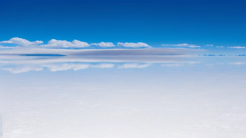 arafly view of a vast salt plain with a blue sky, constructed upon salar de uyuni, at the salar de uyuni, at salar de uyuni, most perfect desert on the world, white desert background, extremely beautiful and ethereal, exotic endless horizon, incredibly ethereal, mirror like water, intimidating floating sand, the sky is beautiful and clear