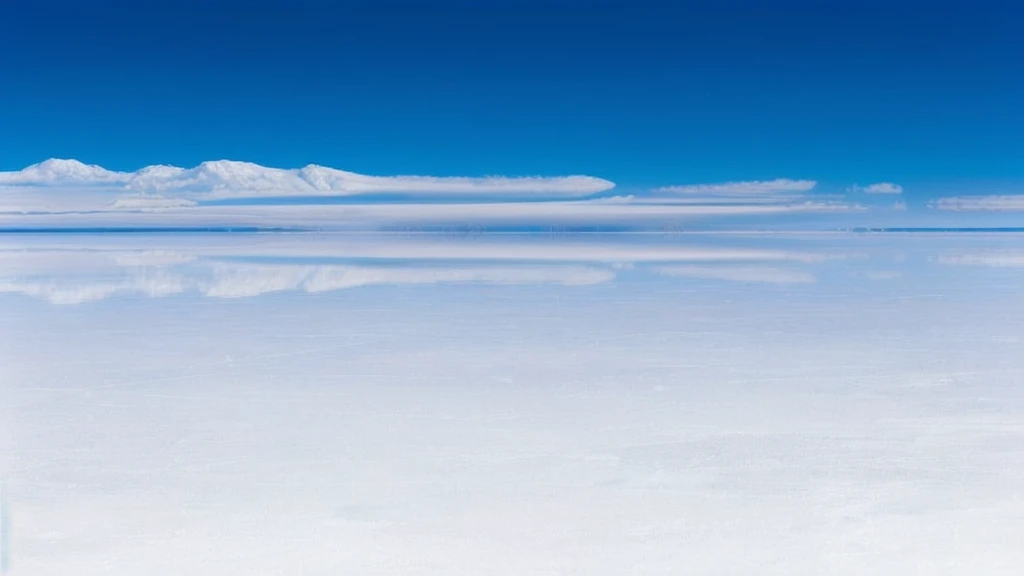 arafly view of a vast salt plain with a blue sky, constructed upon salar de uyuni, at the salar de uyuni, at salar de uyuni, most perfect desert on the world, white desert background, extremely beautiful and ethereal, exotic endless horizon, incredibly ethereal, mirror like water, intimidating floating sand, the sky is beautiful and clear