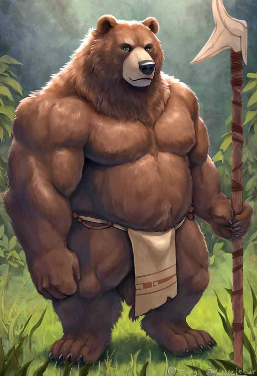 Solitary，黑Bear，personification，Humanoid，Beast field（Bear），strong，uncle，nude，Loincloth，Friendly，warrior，Standing guard，Standing in front of the audience，Looking at the audience，Holding a spear，Primitive tribal background（1.2），Thick coating style。