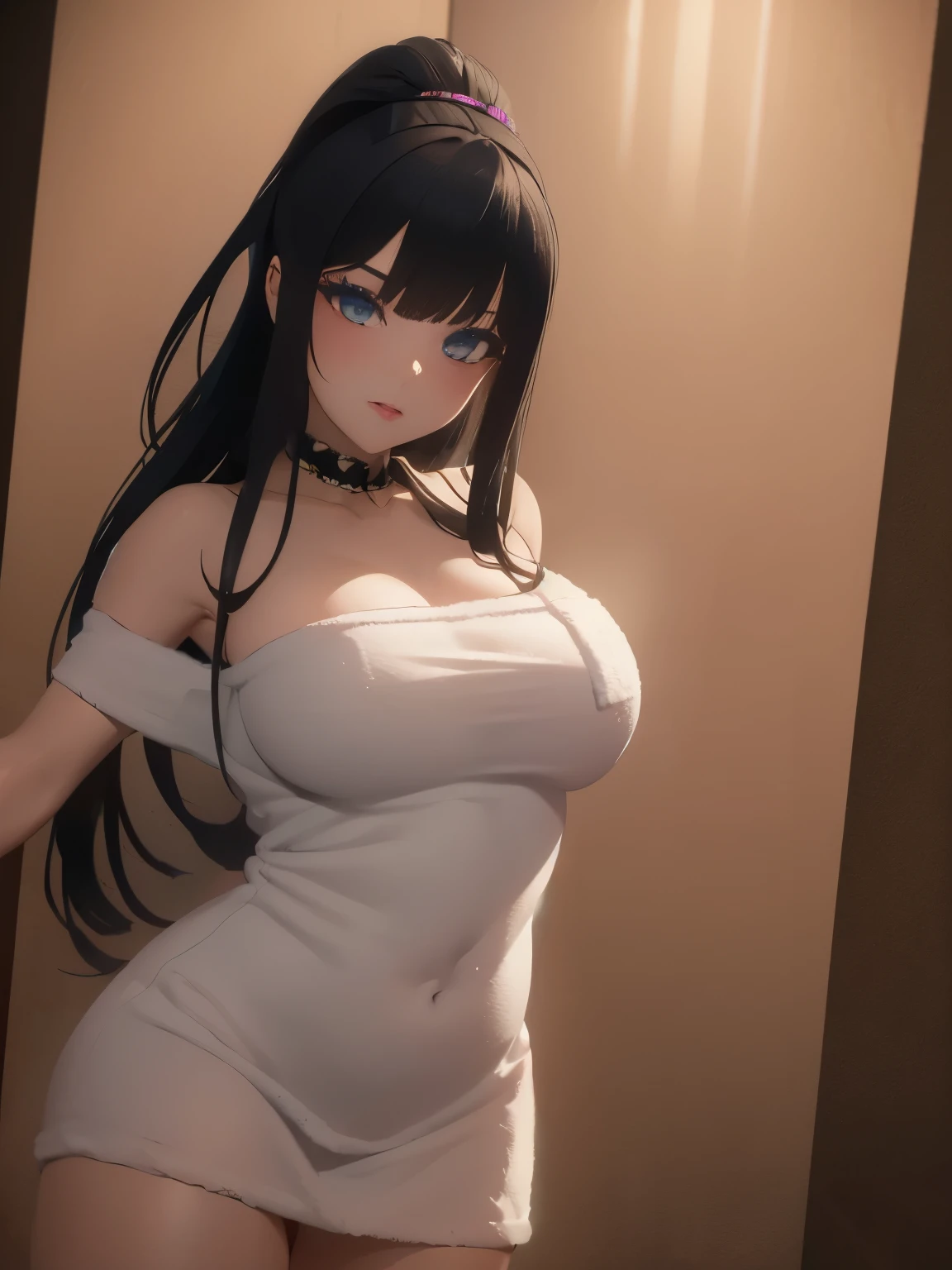 (1girl:1.3), Masterpiece, Best quality, amazing beauty, [[3d]], 4K, absurdres, finely detail, super detailed eye, perfect anatomy, official art, cinematic lighting, BREAK, living, silky long hair, silky ponytail, black hair, super shiny detailed blue eyes, big eyes, cute eyes, Looking Over Shoulder, full lips, mascara, Eyeliner, pink lips, embarrassed, BREAK , huge breasts, plump, porcelain skin, Are standing, from behind, BREAK , (bath towel:1.2), BREAK,(Glasses)