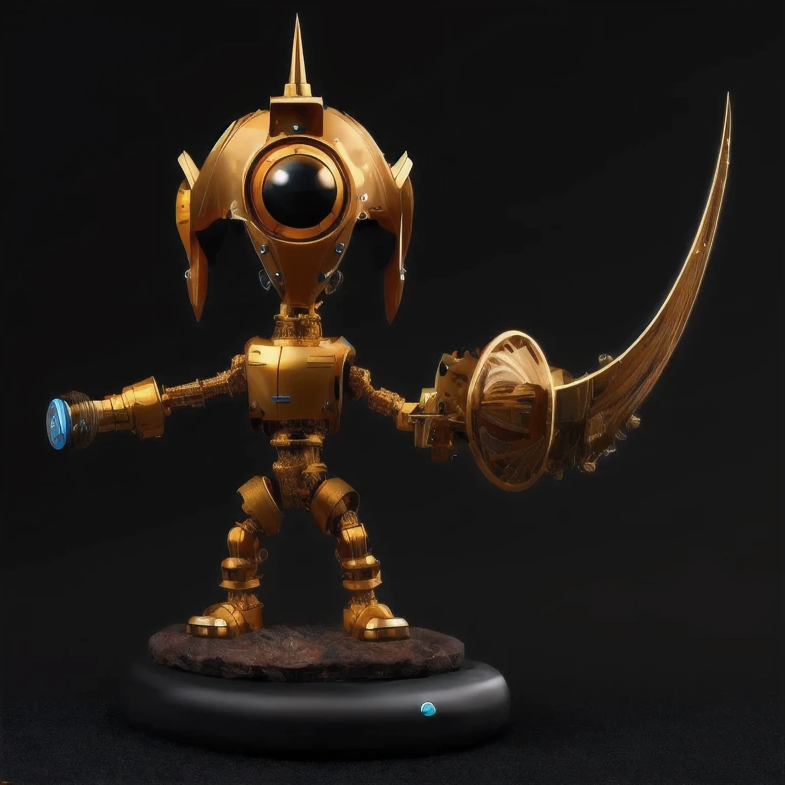 statue of a golden robot on a black surface, cute elaborate epic robot, greek in mecha style, cyber steampunk 8 k 3 d, detailed cosmic angelic robot, the golden humanoid robot, sci - fi armour, detailed humanoid, 3 d 8 k octan render, sculpture of moloch, rendered in keyshot