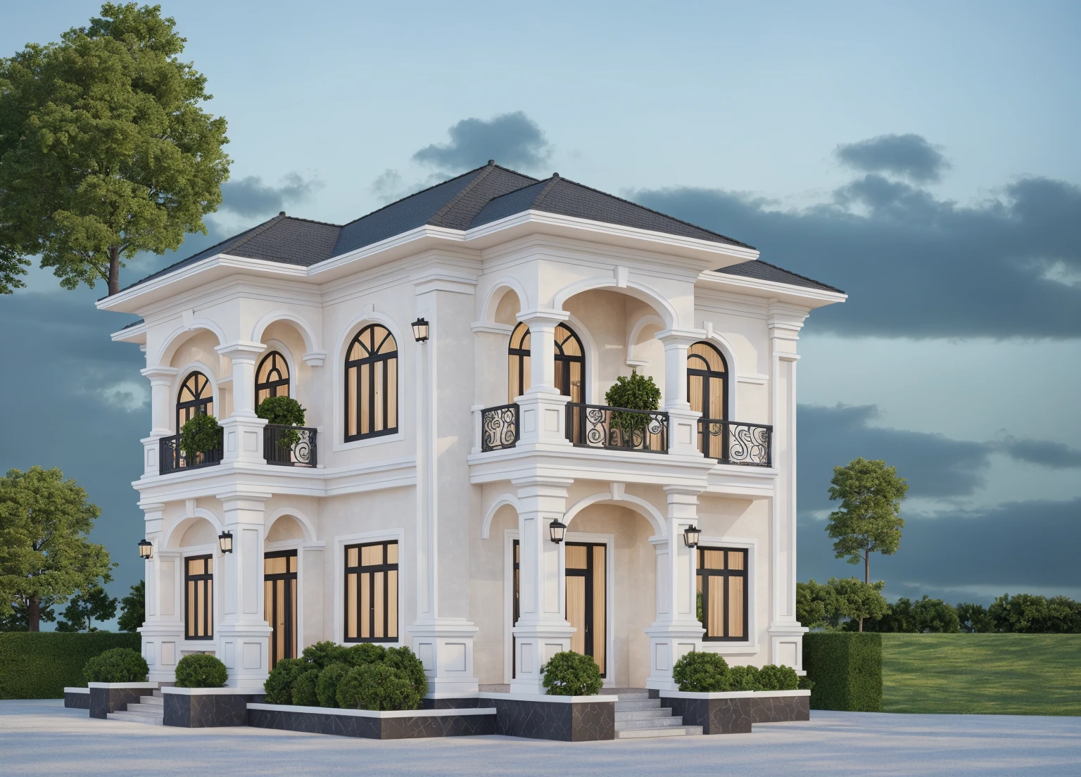 PLATFORM KTHOUSE, 1 morden villa, slope roof, main material of villa about build color wall:1.2 glass panel:1.1 and stone:1.2, 1large yard, 1 road runs in front of the house, (RAW photo, real, best quality, masterpiece:1.2), look morden minimalist, 1 road in front of the house, dynamic lighting:1.3, (hyper realistic, photo-realistic:1.2), high quality, (dark lighting:1.2), perfect lighting, archdaily, no human, light at 12 noon, light in door:1.2