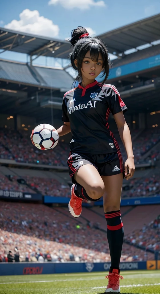 Black anime girl, black hair tied up, wearing dar blue and red and white soccer kit, wearing soccer boots, on the stadium, kicking ball