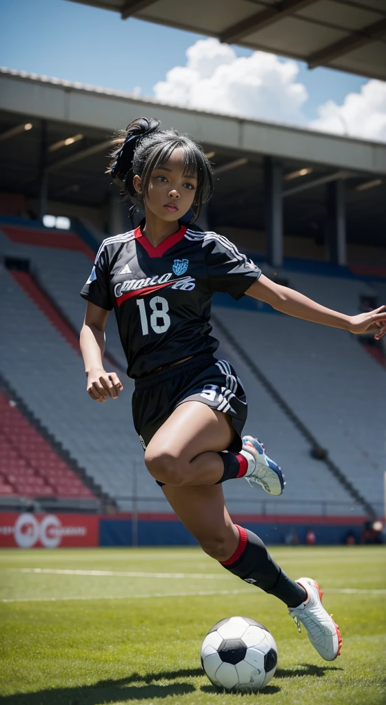 Black anime girl, black hair tied up, wearing dar blue and red and white soccer kit, wearing soccer boots, on the stadium, kicking ball