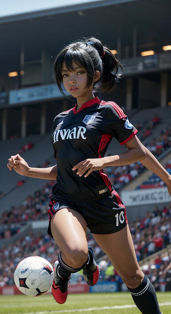 Black anime girl, black hair tied up, wearing dar blue and red and white soccer kit, wearing soccer boots, on the stadium, kicking ball