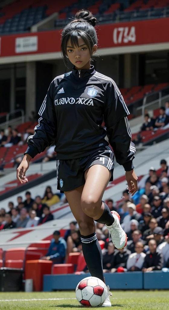 Black anime girl, black hair tied up, wearing dar blue and red and white soccer kit, wearing soccer boots, on the stadium, kicking ball