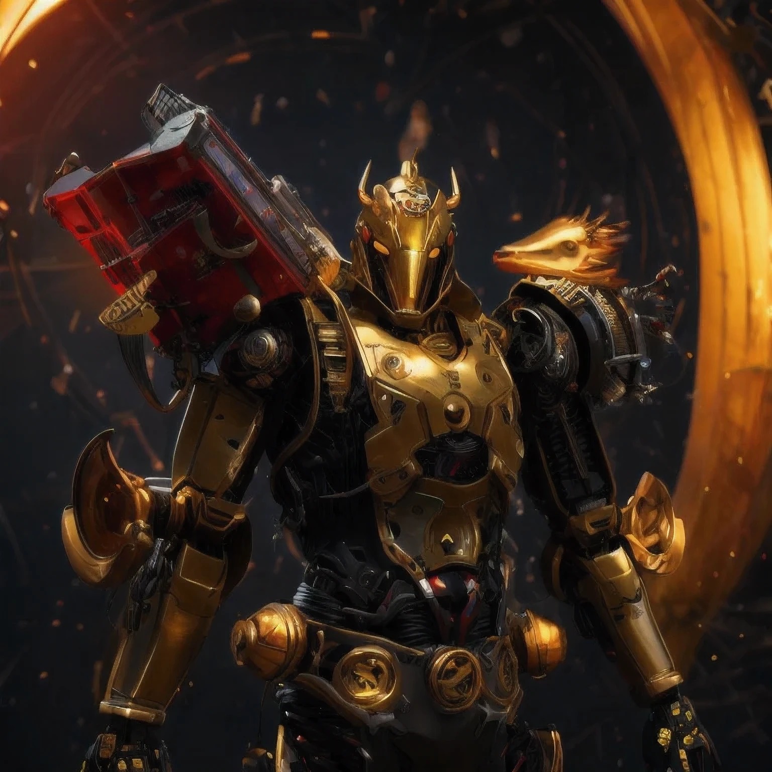 statue of a golden robot on a black surface, cute elaborate epic robot, greek in mecha style, cyber steampunk 8 k 3 d, detailed cosmic angelic robot, the golden humanoid robot, sci - fi armour, detailed humanoid, 3 d 8 k octan render, sculpture of moloch, rendered in keyshot