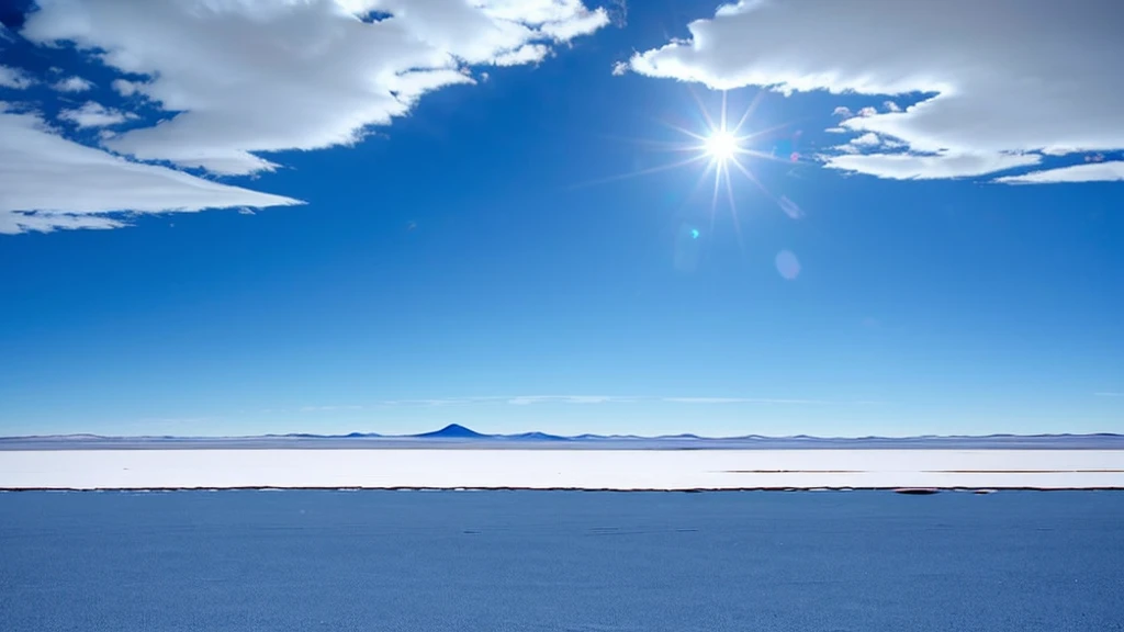 arafly view of a vast salt plain with a blue sky, constructed upon salar de uyuni, at the salar de uyuni, at salar de uyuni, most perfect desert on the world, white desert background, extremely beautiful and ethereal, exotic endless horizon, incredibly ethereal, mirror like water, intimidating floating sand, the sky is beautiful and clear