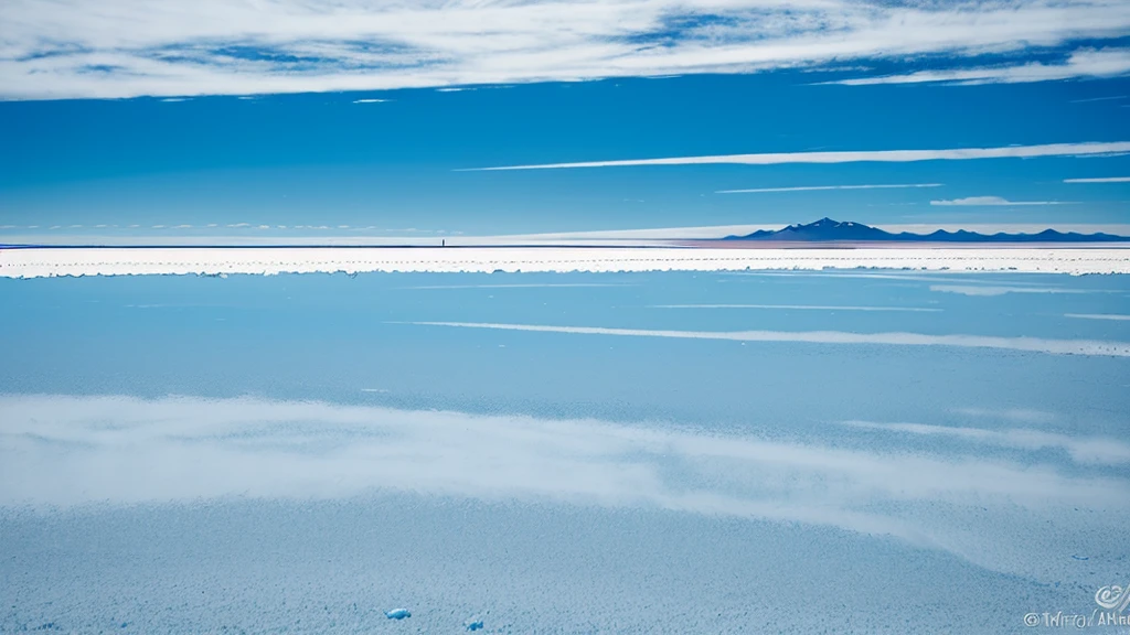 arafly view of a vast salt plain with a blue sky, constructed upon salar de uyuni, at the salar de uyuni, at salar de uyuni, most perfect desert on the world, white desert background, extremely beautiful and ethereal, exotic endless horizon, incredibly ethereal, mirror like water, intimidating floating sand, the sky is beautiful and clear