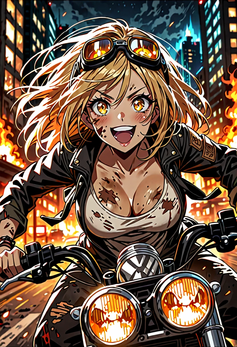 Golden hair, golden eyes with black pupils, woman, cruiser motorcycle, big chest, motorcycle goggles, happy, big smile, dirty, burning city at night, zombie apocalypse, tattered black streetwear, speeding, highly detailed, perfect eyes, well defined eyes, highly detailed eyes, expressive eyes