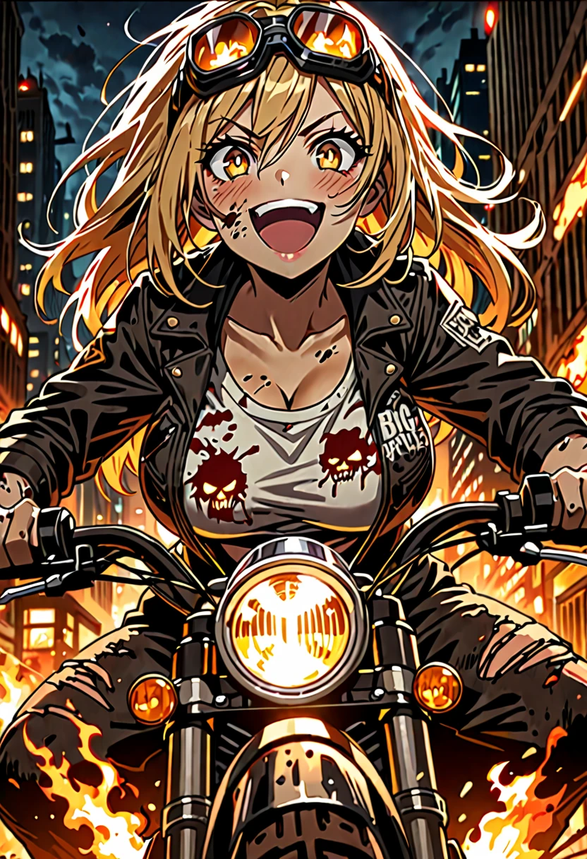 Golden hair, golden eyes with black pupils, woman, cruiser motorcycle, big chest, motorcycle goggles, happy, big smile, dirty, burning city at night, zombie apocalypse, tattered black streetwear, speeding, highly detailed, perfect eyes, well defined eyes, highly detailed eyes, expressive eyes