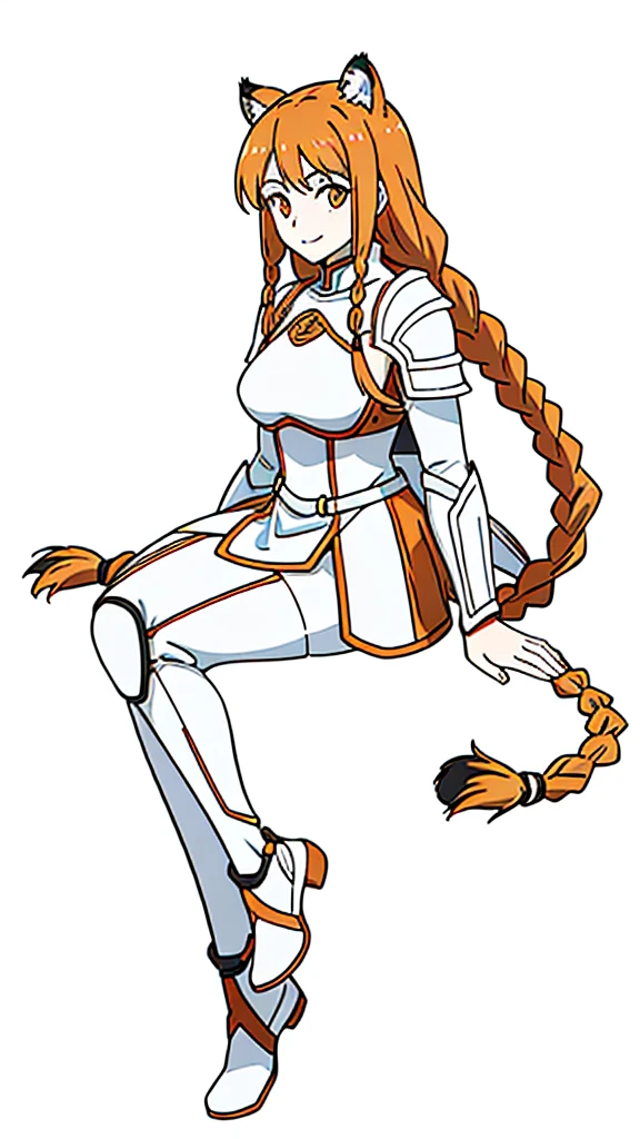 (1girl,20 years old,mature female,solo),tiger ears,long hair,(twin braids),orange hair,white knight armor,(white background,line drawing),black pantyhoses,happy,smile,from side, sitting,full body,