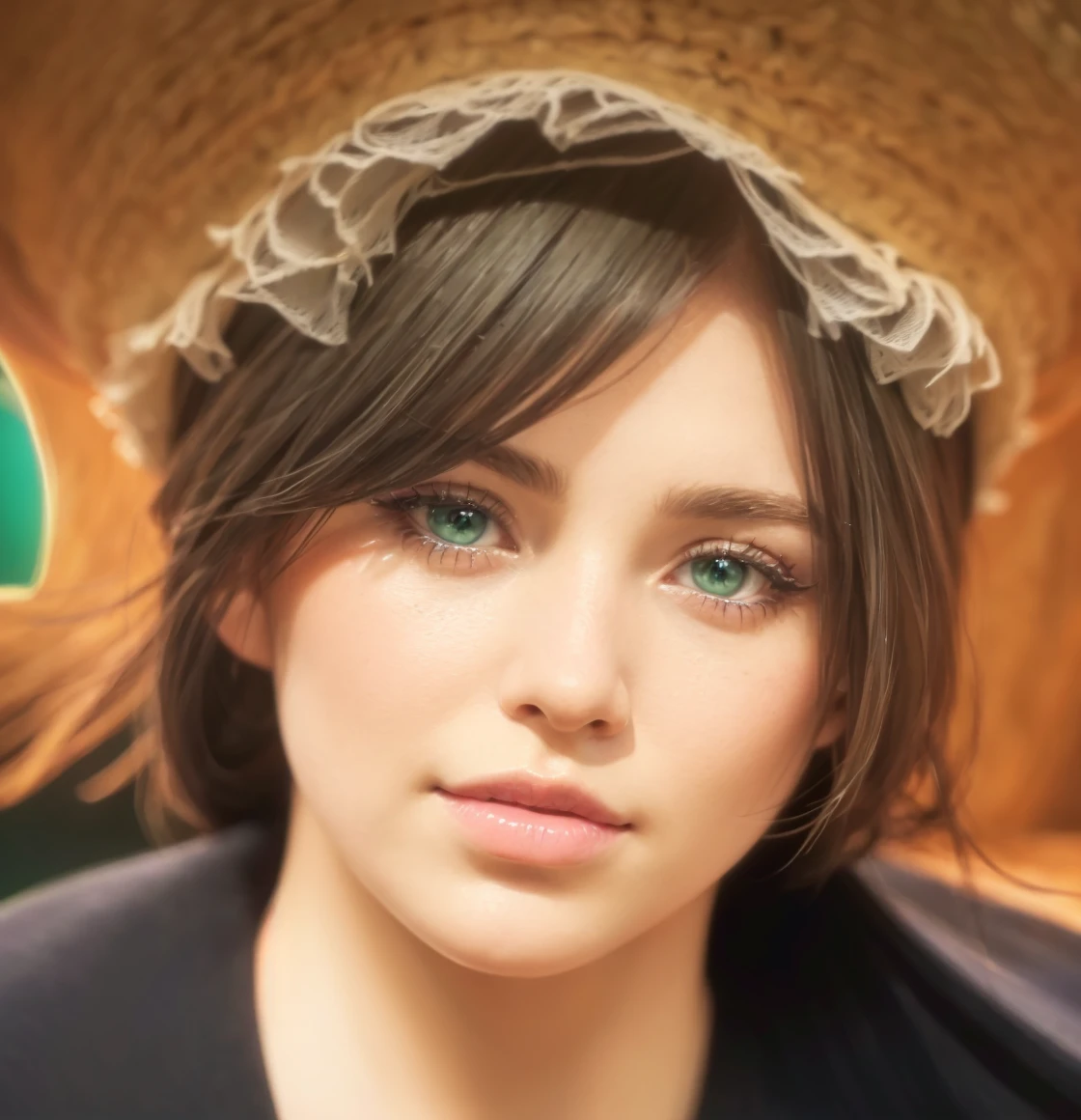 A green-skinned girl wearing a yellow hat, detailed facial features, beautiful blue eyes, long eyelashes, beautiful detailed lips, extremely detailed face, 1girl, fantasy portrait, surreal, digital art, (best quality,4k,8k,highres,masterpiece:1.2),ultra-detailed,(realistic,photorealistic,photo-realistic:1.37),vibrant colors,dramatic lighting,cinematic