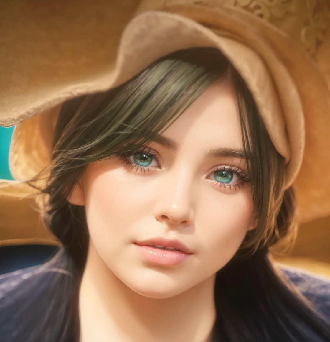 A green-skinned girl wearing a yellow hat, detailed  features, beautiful blue eyes, long eyelashes, beautiful detailed lips, extremely detailed face, 1girl, fantasy portrait, surreal, digital art, (best quality,4k,8k,highres,masterpiece:1.2),ultra-detailed,(realistic,photorealistic,photo-realistic:1.37),vibrant colors,dramatic lighting,cinematic