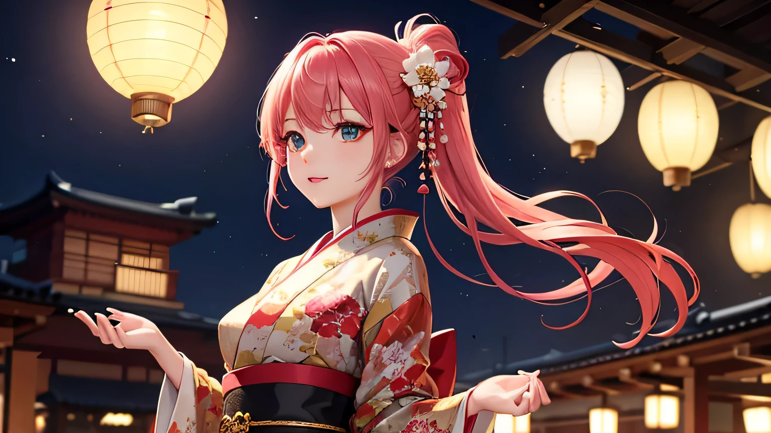 The night cityscape is dimly lit by the soft light of lanterns。Footsteps echo quietly on the stone pavement、In the distance you can hear the babbling of a stream.。In such an emotional backdrop、One woman is standing。

she、Beautiful woman with pink hair and gorgeous hair accessories。Red and green flowers、Gold ornaments adorned her hair、It further enhances its beauty.。Her eyes are gold and red、Highlighted with bright pink eyeshadow、The gaze is fixed directly on the camera.。lips are red、Slightly shiny、Her expression exudes confidence and grace.。

In one hand he holds a long, thin pipe.、The appearance is a fusion of tradition and modernity.。The kimono is decorated with traditional floral patterns.、It creates a fantastic and beautiful atmosphere。and、As an unexpected accent, she is wearing headphones.、Its modern elements highlight her individuality.。

SheIt feels like you are walking along the Oiran Dochu.々and、Its elegance and beauty captivate the viewer.。Her gorgeous and elegant appearance、It also feels sexy.、Its beauty is so great that everyone turns their heads。

This image is、It can be said to be a symbol of Japanese beauty where tradition and modernity intersect.。Her presence、In harmony with the surrounding landscape、It looks like a work of art。as if、Like a single flower that colors the city at night。