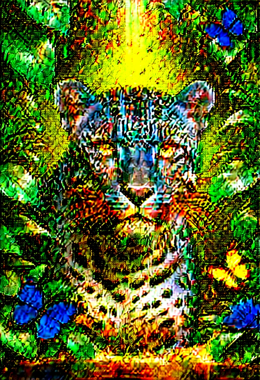 Lush plants,A fierce leopard in the jungle,1leopard,orange piercing eyes,black and white,dark background,photorealistic,realistic,high quality,high resolution,ultra detailed,masterpiece,studio lighting,cinematic lighting,dramatic lighting,Blue glowing butterfly,Water drops on leaves