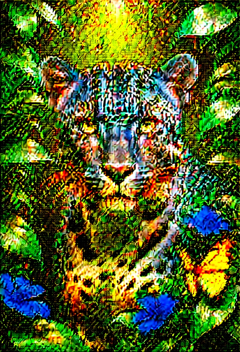 Lush plants，A fierce leopard in the jungle,1leopard,orange piercing eyes,black and white,dark background,photorealistic,realistic,high quality,high resolution,ultra detailed,masterpiece,studio lighting,cinematic lighting,dramatic lighting，Blue glowing butterfly，Water drops on leaves