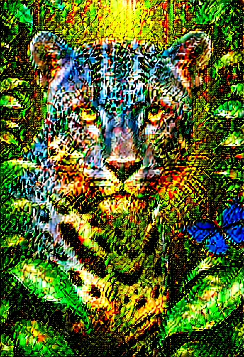 Lush plants,A fierce leopard in the jungle,1leopard,orange piercing eyes,black and white,dark background,photorealistic,realistic,high quality,high resolution,ultra detailed,masterpiece,studio lighting,cinematic lighting,dramatic lighting,Blue glowing butterfly,Water drops on leaves