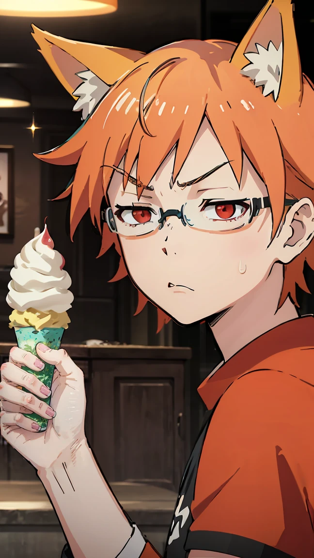 1man, v-shaped eyebrows, stylish hair, black glasses, orange hair, red eyes, fox ears, annoyed face, wallpaper, landscape, depth of field, morning, living room, glance right, holding a ice cream, light particles, light rays, sidelighting, (black t-shirt), red shorts