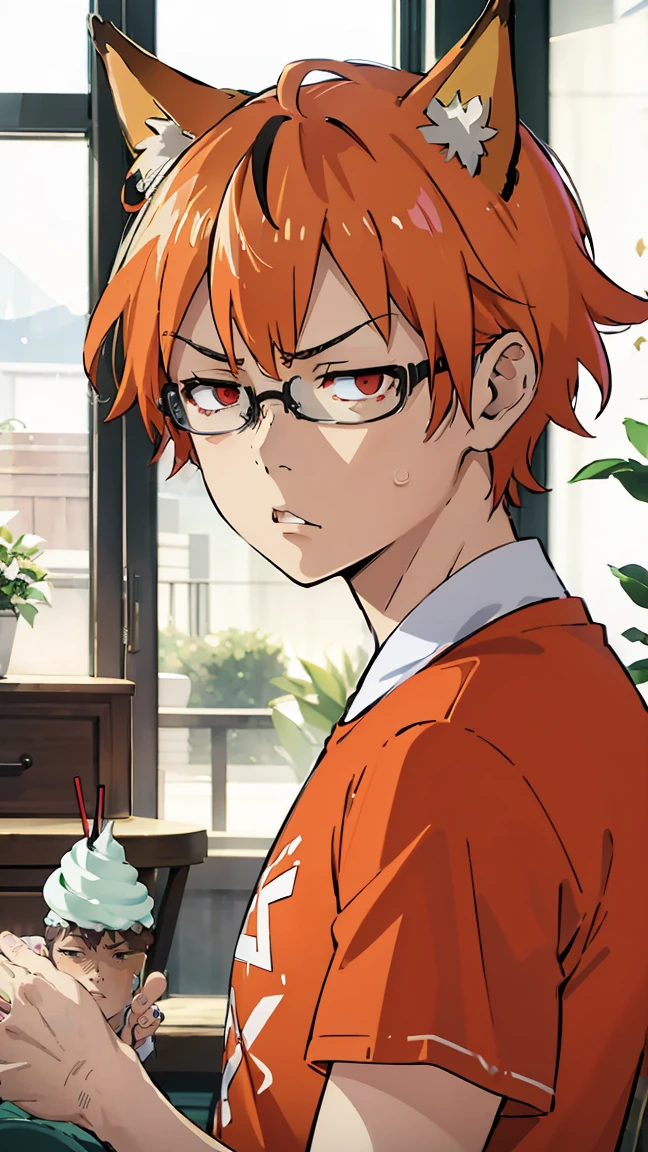 1man, v-shaped eyebrows, stylish hair, black glasses, orange hair, red eyes, fox ears, annoyed face, wallpaper, landscape, depth of field, morning, living room, glance right, holding a ice cream, light particles, light rays, sidelighting, (black t-shirt), red shorts