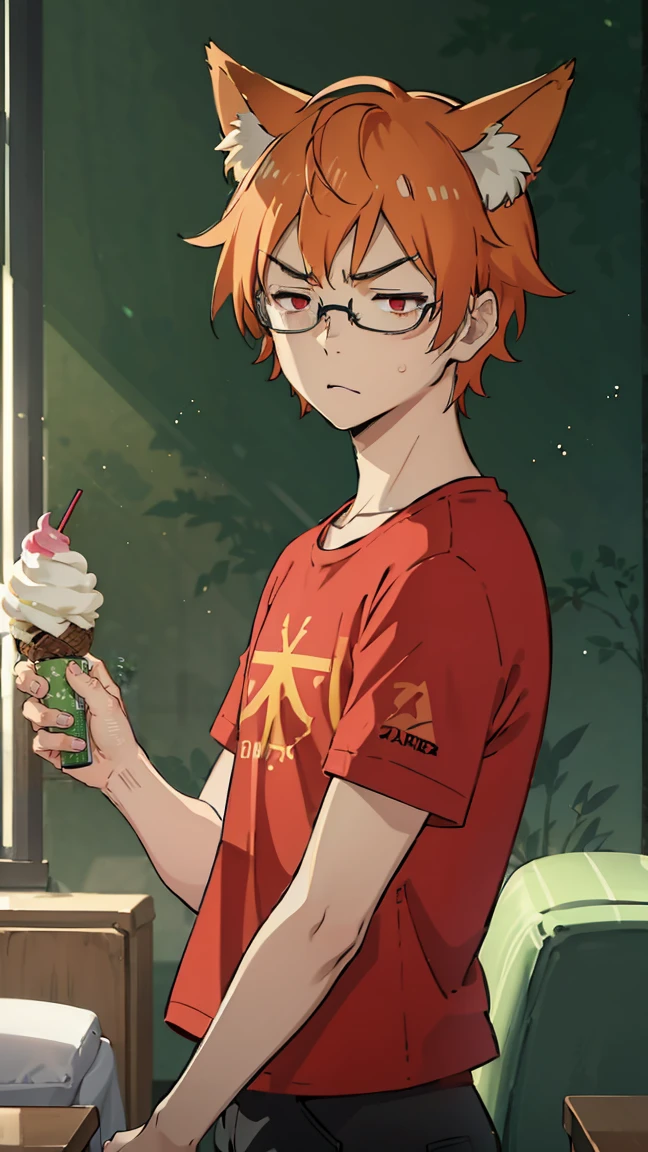 1man, v-shaped eyebrows, stylish hair, black glasses, orange hair, red eyes, fox ears, annoyed face, wallpaper, landscape, depth of field, morning, living room, glance right, holding a ice cream, light particles, light rays, sidelighting, (black t-shirt), red shorts