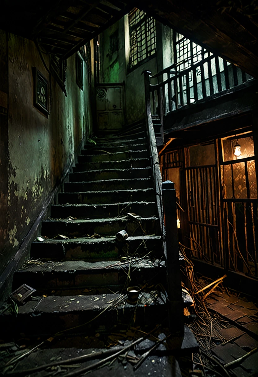 A hauntingly beautiful image of an old, abandoned Asian house with a dimly lit, narrow staircase. The staircase leads to darkness, with only a single broken fluorescent warm light lamp, dimly light. At the base of the stairs lies a broken, dirty doll, seemingly abandoned and forgotten. The atmosphere is eerie and unsettling, with an air of dark fantasy and an overall luminal style. The cinematic quality of the photo adds to the haunting ambiance, as if it's a scene from a horror film., cinematic, dark fantasy, photo