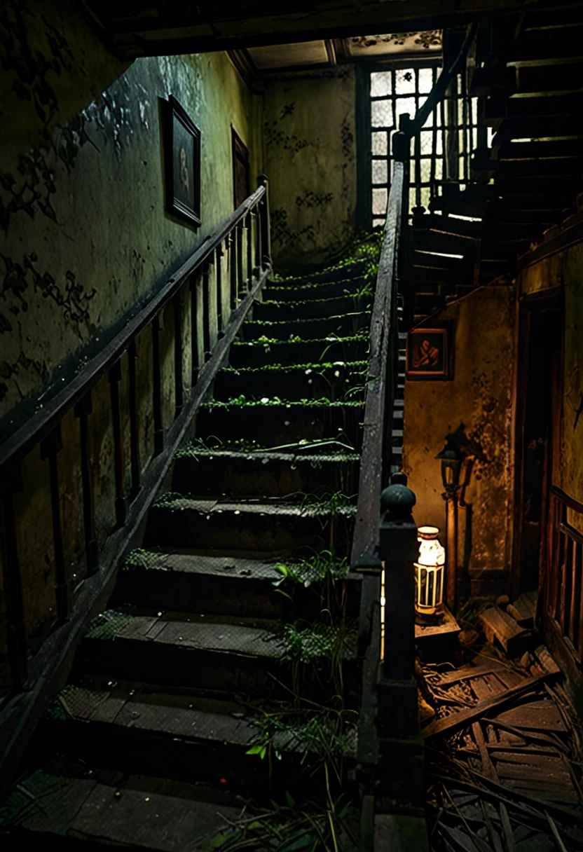 A hauntingly beautiful image of an old, abandoned Asian house with a dimly lit, narrow staircase. The staircase leads to darkness, with only a single broken fluorescent warm light lamp, dimly light. At the base of the stairs lies a broken, dirty doll, seemingly abandoned and forgotten. The atmosphere is eerie and unsettling, with an air of dark fantasy and an overall luminal style. The cinematic quality of the photo adds to the haunting ambiance, as if it's a scene from a horror film., cinematic, dark fantasy, photo