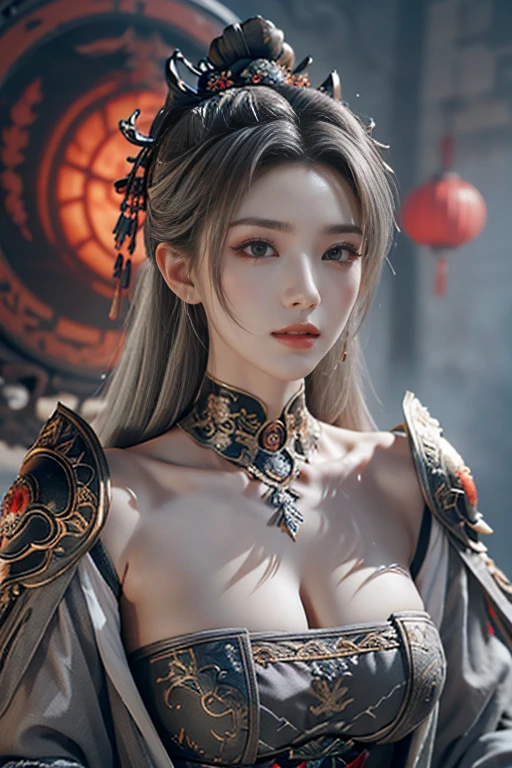 Masterpiece,Game art,The best picture quality,Highest resolution,8K,(Portrait),Unreal Engine 5 rendering works,(Digital Photography),((Portrait Feature:1.5)),
20 year old girl,Short hair details,With long bangs,(The red eye makeup is very meticulous),(With long gray hair:1.4),(Large, full breasts),Elegant and noble,Brave and charming,
(Future armor combined with the characteristics of ancient Chinese armor,Hollow design,Power Armor,The mysterious Eastern runes,A delicate dress pattern,A flash of magic),Warrior of the future,Cyberpunk figures,Background of war,
Movie lights,Ray tracing,Game CG,((3D Unreal Engine)),OC rendering reflection pattern