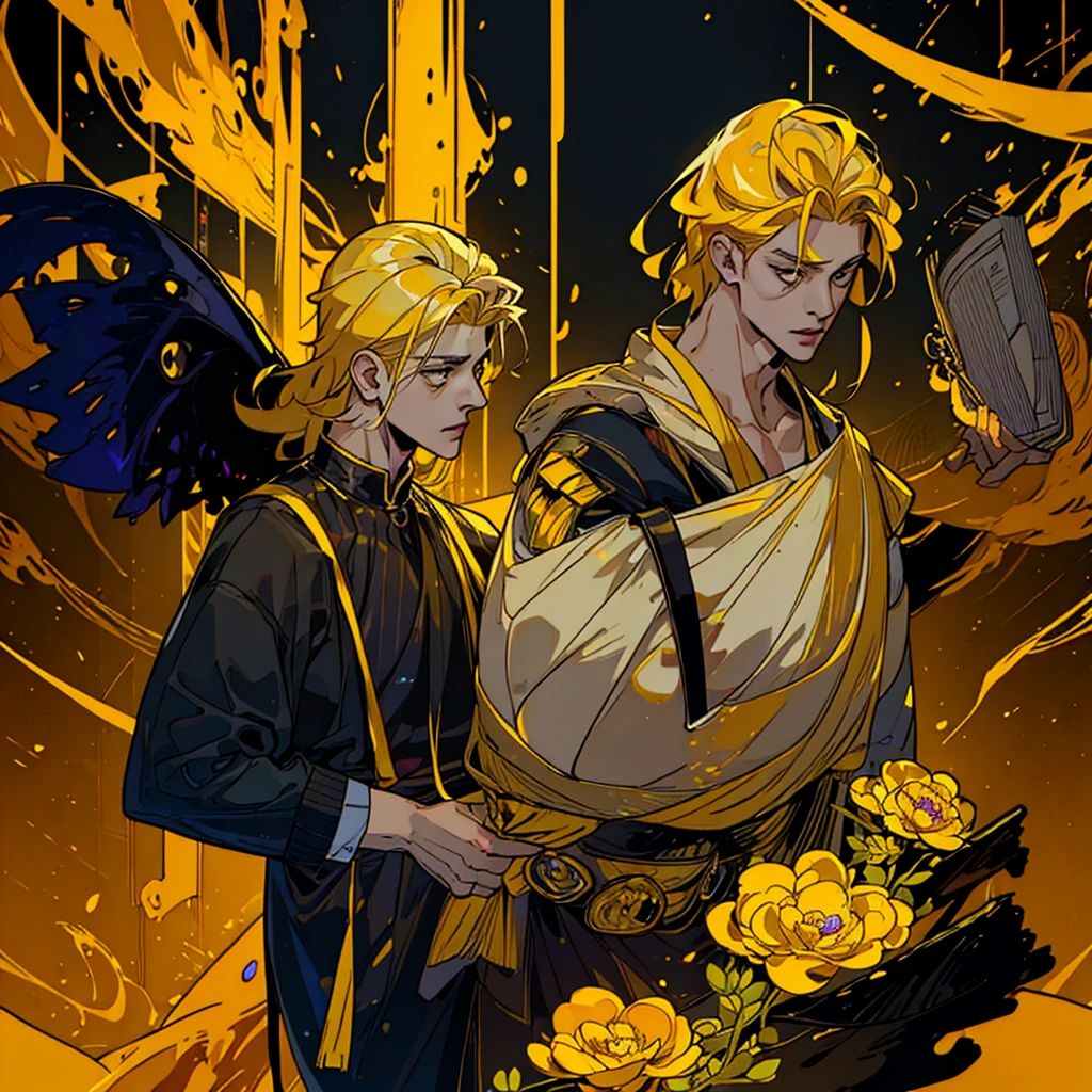 1boy, alone, 25 years old, young, yellow hair, golden eyes, insister sur les reflets des yeux dorés, cheveux blonds, mid lenght hair, boss, formal business outfit, yellow outfit, yellow clothes, black suspenders, arrogant look, hades style, hades game, Jen zee style, bureaucratic themed, workhaholic, bureau, desk, work funiture, yellow themed image, yellow furniture, mustard touches of color, mustard colored walls, kim goo character, kim goo inspiration, kim goo lookism, kim goo manager kim, looking at viewer, flower of the cult vagabondart1 style, khoffi art style, khoffi style
